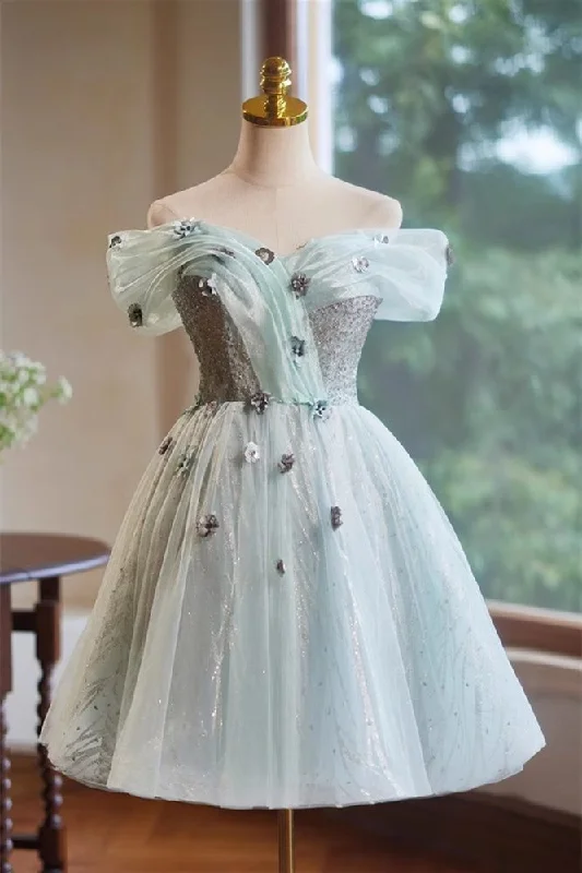 elegant maxi dressA-Line Off the Shoulder Tulle with Hand Made Flower Homecoming Dress