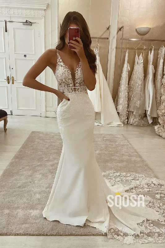 structured dressMermaid/Trumpet Attractive V-neck Appliques Rustic Wedding Dress QW2253