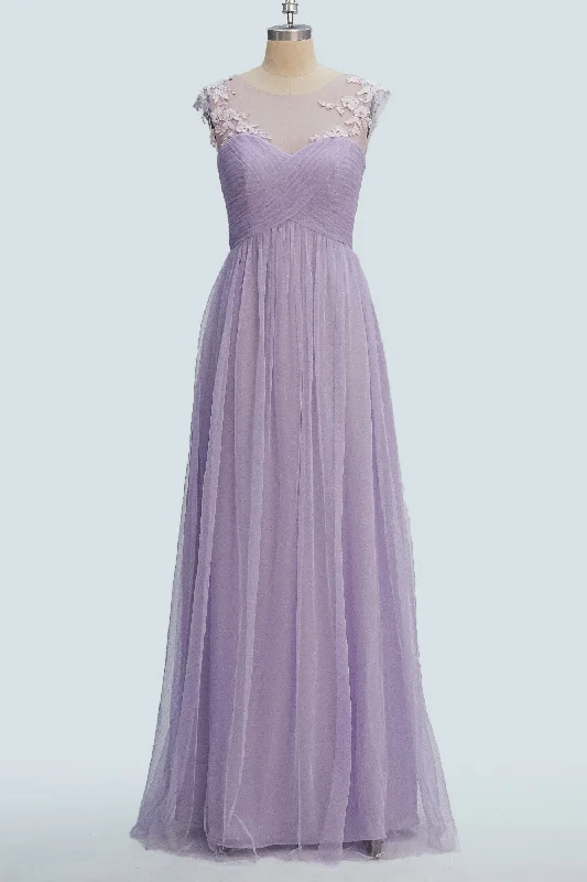 shift dressLavender A-line Illusion Tulle Pleated Lace Long Bridesmaid Dress