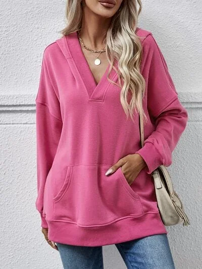 cozy gym sweatshirtV-Neck Drop Shoulder Long Sleeve Hoodie