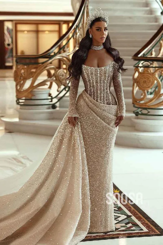 layered dressUnique Strapless Long Sleeves Elegant Mermaid Wedding Dress QW2520