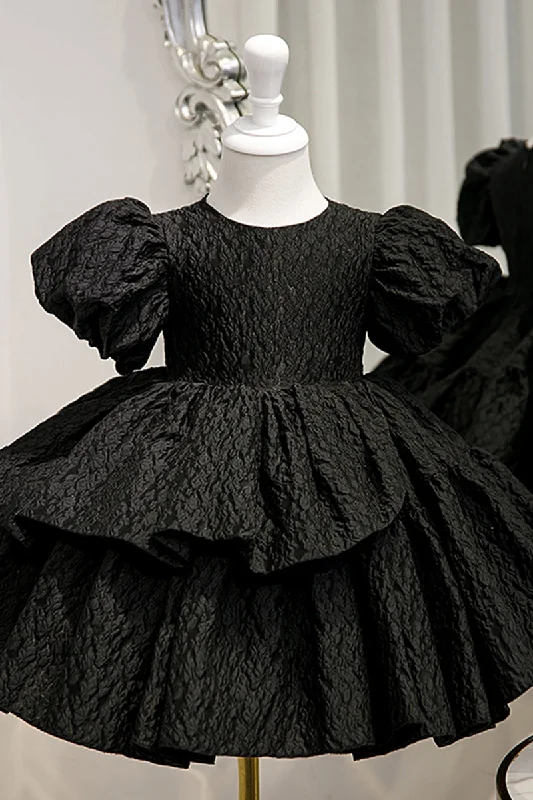 fitted dressBall Gown Short Sleeves Tiered Flower Girl Dress Black First Communion Dress QF1036