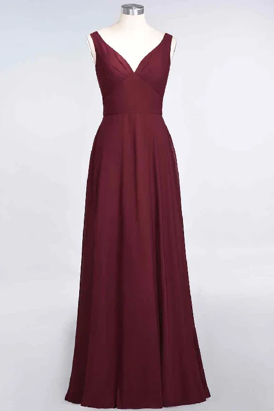 off-the-shoulder dressBurgundy A-line V Neck Cut-Out Back Chiffon Long Bridesmaid Dress