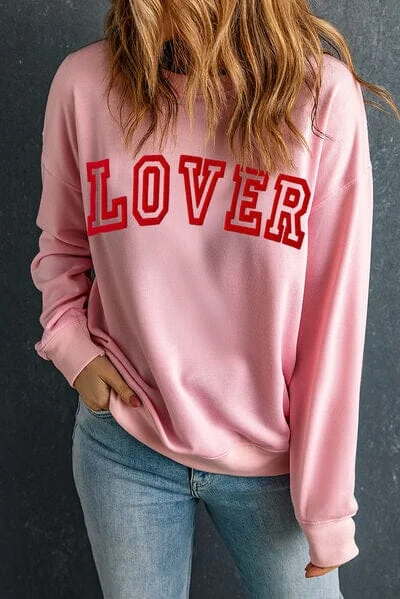 trendy fitness sweatshirtLOVER Round Neck Dropped Shoulder Sweatshirt