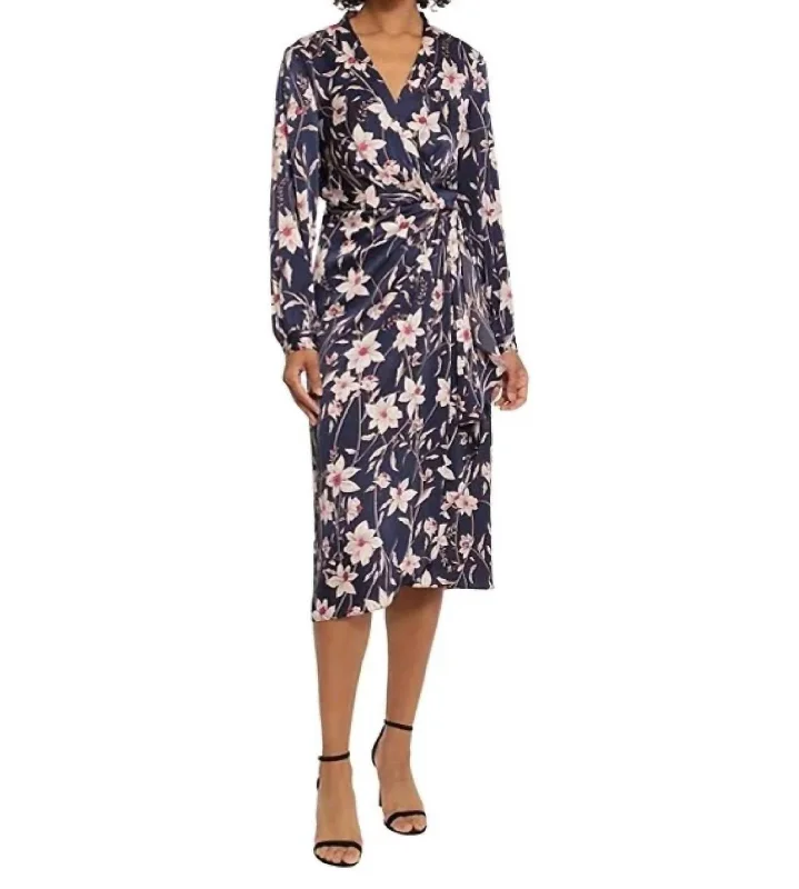 structured dressLong Sleeve Wrap Midi Dress In Navy Floral