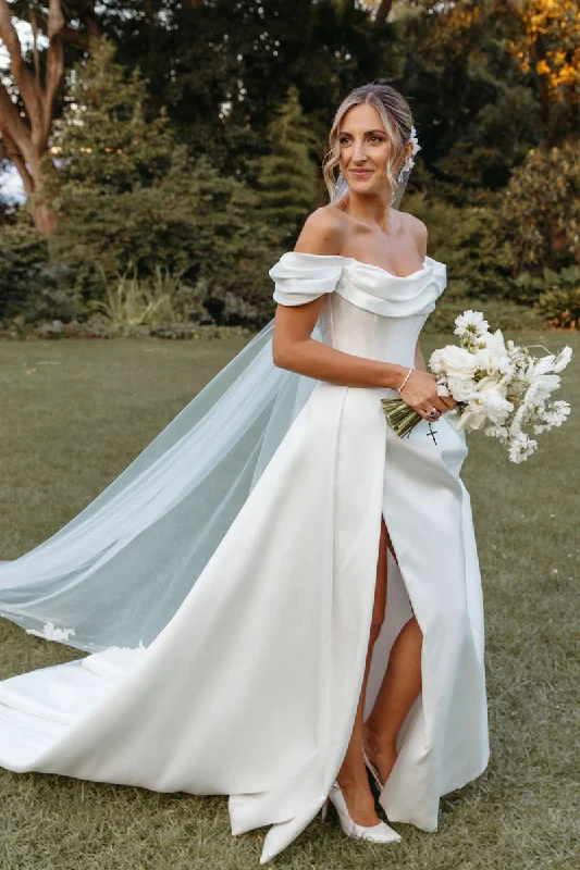 chic shift dressUnique Off the Shoulder Side Slit Satin Wedding Dress with Court Train QW2561