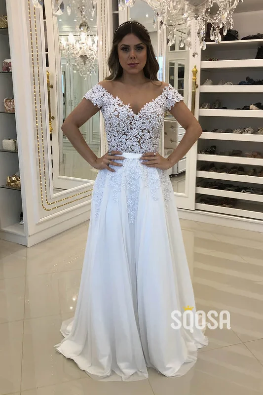 satin midi dressA-line Cap Sleeves Chiffon Appliques Beaded Wedding Dress Bridal Gown QW2222