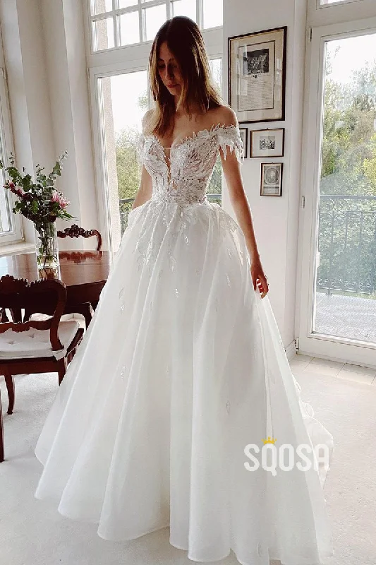 bohemian dressOff Shoulder 3D Applique A-line Rustic Wedding Dresses Bridal Gown QW0825