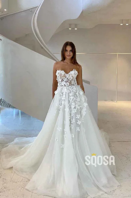 shift dressA Line Sweetheat Lace Appliques Romantic Wedding Dress QW2526