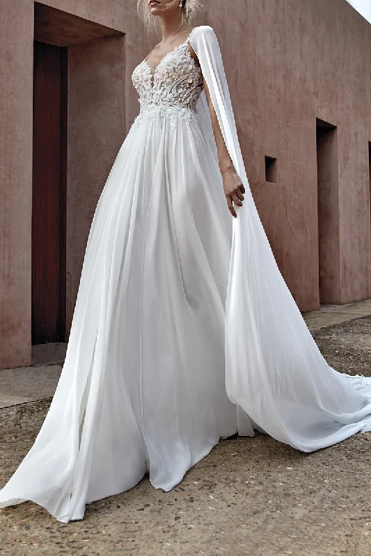 off-shoulder dressA line Illusion V neck Lace Appliques Boho Wedding Dress with Shawl QW2139