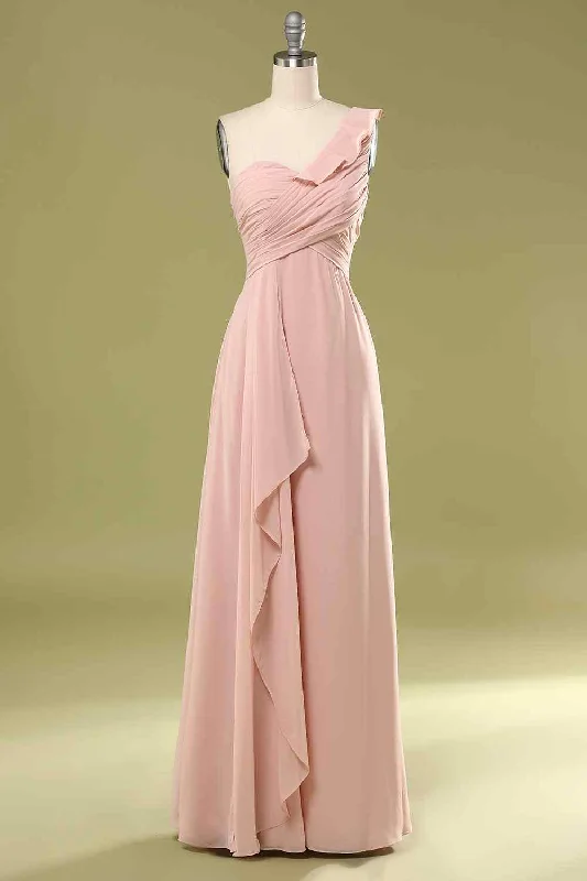 silk dressBlushing Pink A-line One Shoulder Pleated Chiffon Ruffle Long Bridesmaid Dress