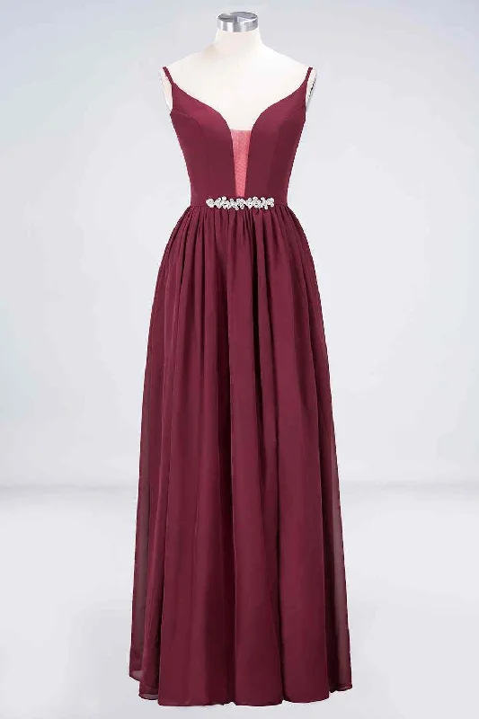 off-shoulder dressBurgundy A-line Plunging V Neck Chiffon Long Bridesmaid Dress with Beaded Sash