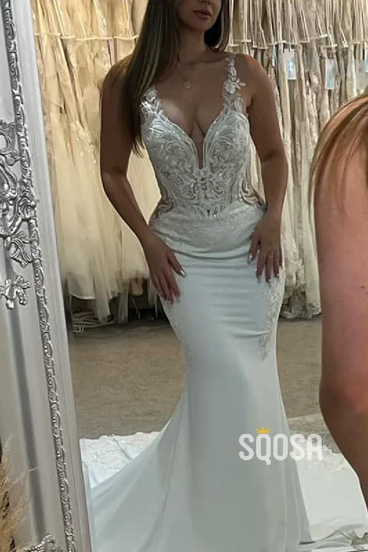 silk dressSatin V-Neck Spaghetti Straps Lace Applique Beaded With Train Wedding Dress  QW8160