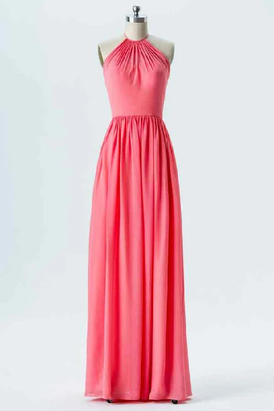 party-ready dressWatermelon A-line Halter Straps Detail Chiffon Long Bridesmaid Dress