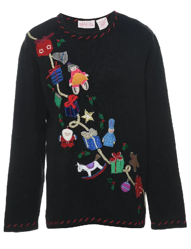 sleek jacketBlack Christmas Jumper - L