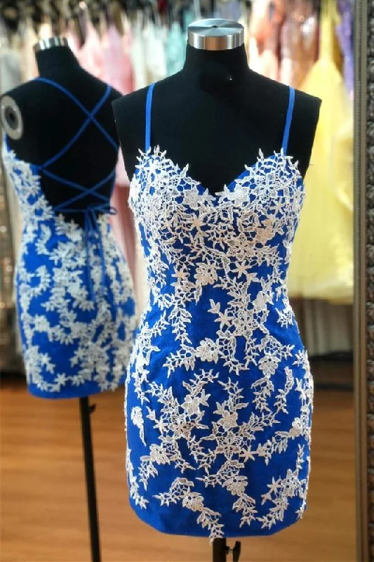 chic wrap dressBlue Sweetheart Appliques Spaghetti Straps Homecoming Dress