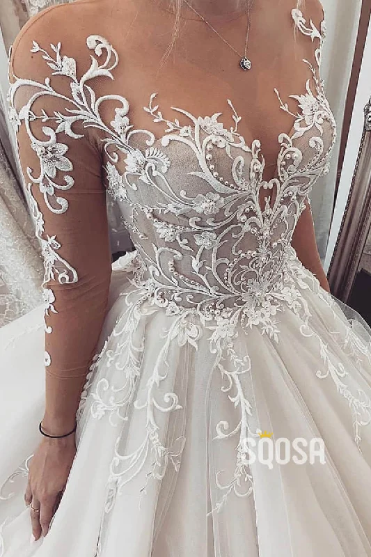 backless dressUnique Lace Appliques Long Sleeves A-Line Wedding Dress QW2496