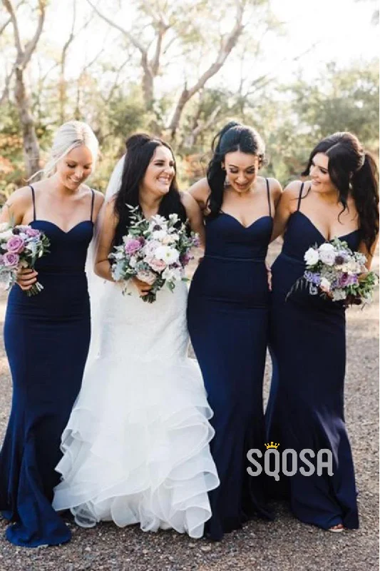 flowy dressWomen's Spaghetti Straps Navy Mermaid Bridesmaid Dress QB2130