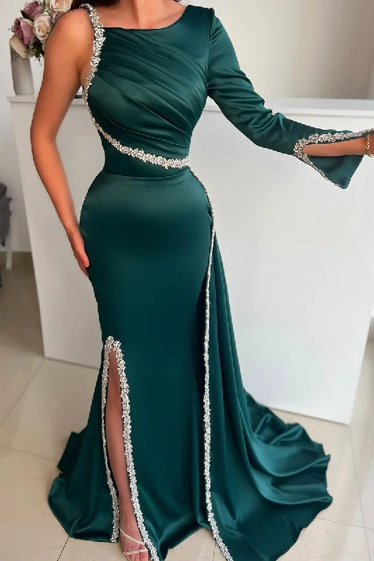 pleated maxi dressUnique Scoop Beads Long Sleeves Mermaid Formal Evening Dress with Slit QP1013