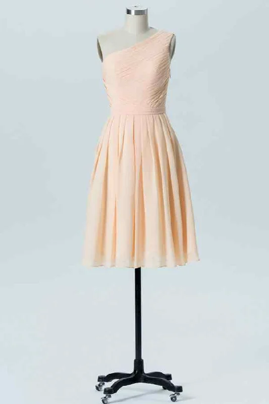 vintage dressPearl Pink A-line One Shoulder Pleated Chiffon Mini Bridesmaid Dress