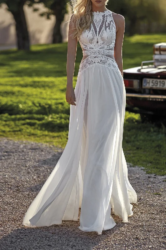 relaxed fit dressA line Jewel Lace Top Boho Wedding Dress Bridal Gown QW2159