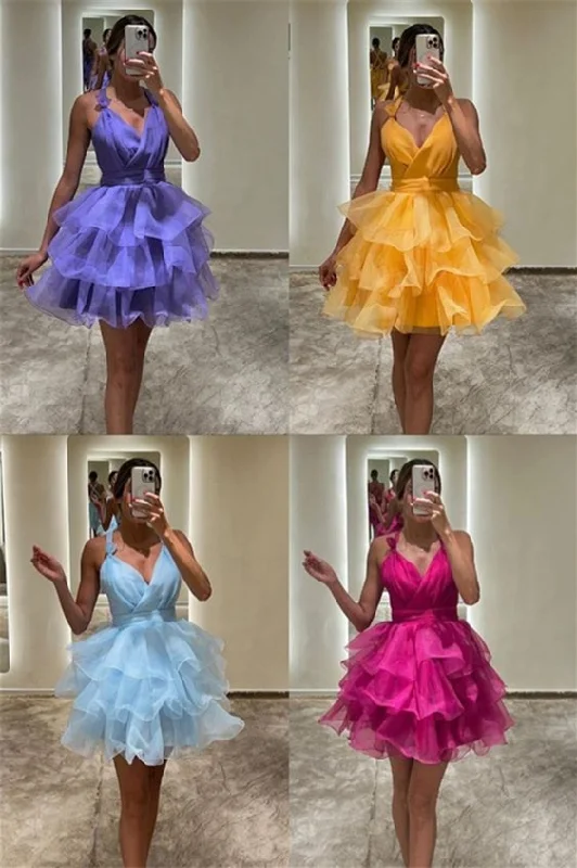 wrap-around dressPurple Short Prom Dresses A Line Tiered V-Neck Homecoming Dress