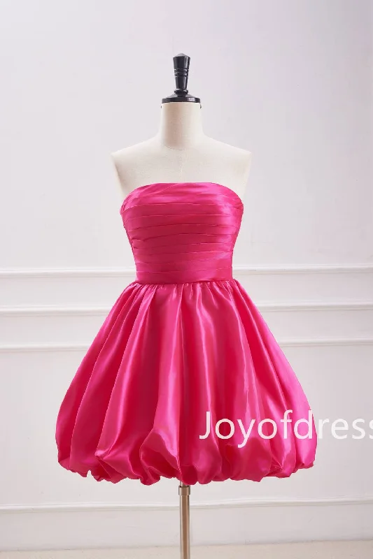 casual slip dressCute A-Line Strapless Fuchsia Pleated Short Dress