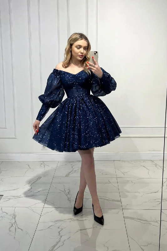 A-line dressA Line V Neck Long Sleeves Sparkly Prom Dress Short Homecoming Dress QH2493