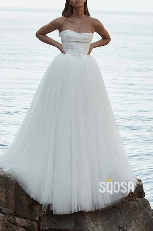 modern dressA-Line Tulle Sweetheart Strapless Empire With Train Wedding Dress QW8191