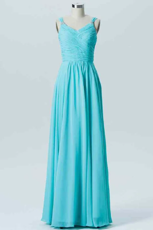 silk dressBlue A-line Sheer Straps Pleated Chiffon Long Bridesmaid Dress