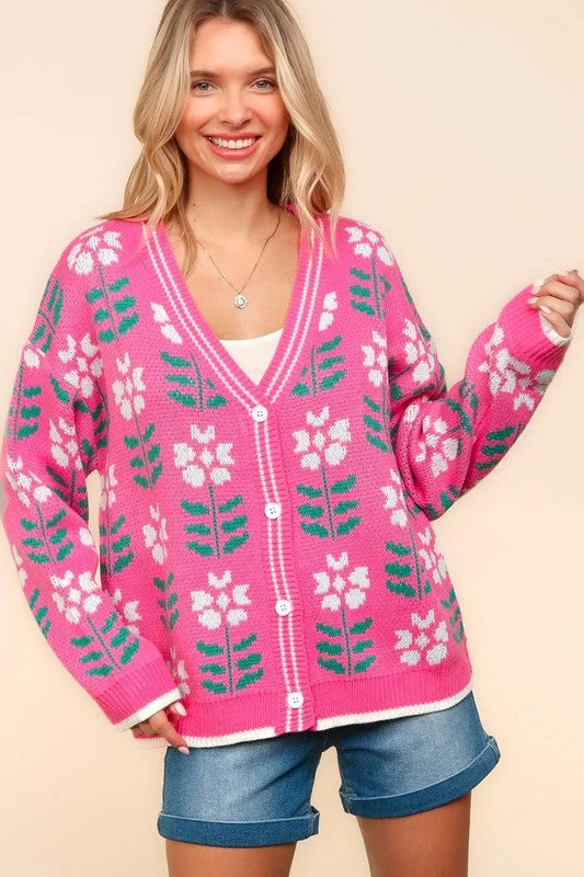 oversized gym sweatshirtHaptics Full Size Floral Jacquard V-Neck Button Up Cardigan