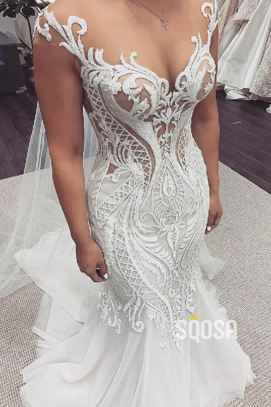 tiered dressUnique Cap Sleeves Luxury Lace Appliques Mermaid Wedding Dress QW2491