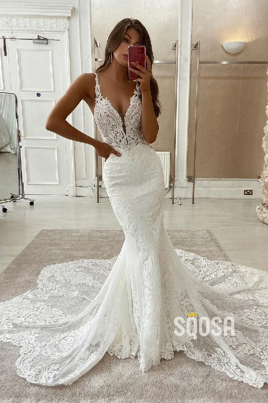 t-shirt dressAttractive Deep V-neck Ivory Lace Wedding Dress with Court Train Mermaid Gown QW2594