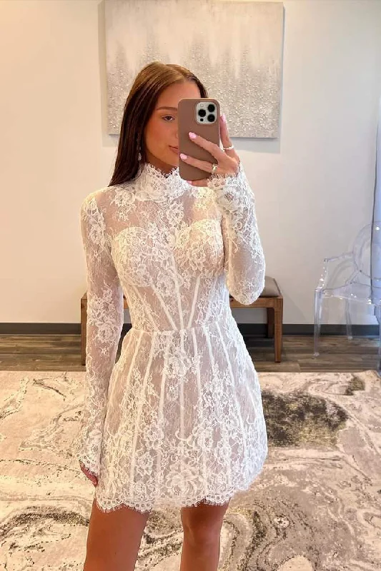 chic dressDelicate A-line High Neck Long Sleeves Appliques Short Lace Corset Dress