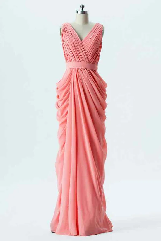 chic dressHot Pink A-line V Neck Pleated Chiffon Long Bridesmaid Dress