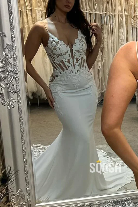 spaghetti strap dressV-Neck Spaghetti Straps Illuion Appliques With Train Wedding Dress QW8158