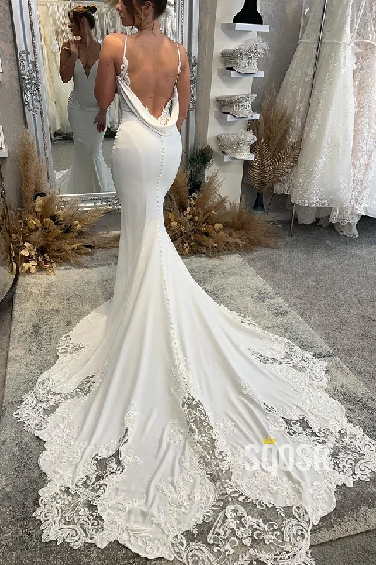 elegant evening dressPlunging V-Neck Lace Appliques Mermaid Wedding Dress QW2647