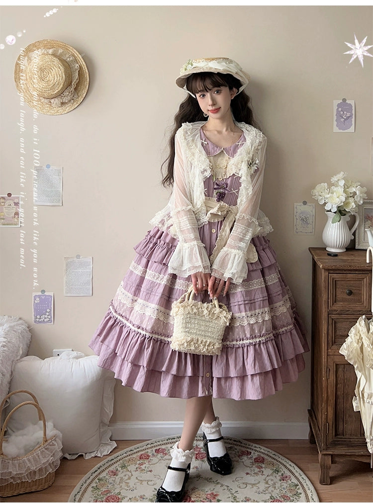 floral dressBall Cat~Purple Wind Bell~Elegant Cotton Lolita JSK Flounce Hem Purple Dress and Bonnet