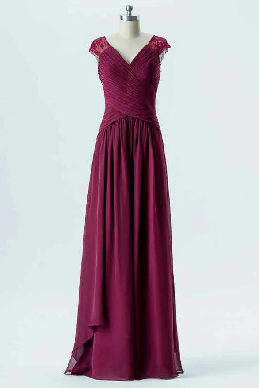 floral midi dressMulberry V Neck Cap Sleeves A-line Pleated Chiffon Long Bridesmaid Dress