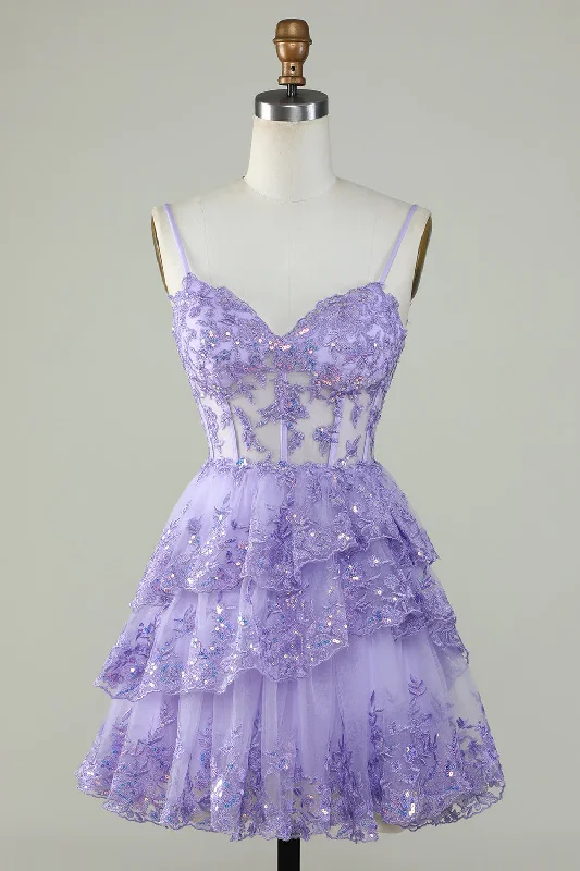 flowy maxi dressStraps Lavender Sequins Corset Layered Homecoming Dress Y2907