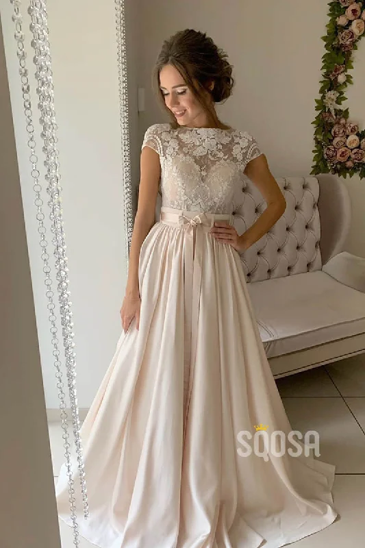 lace-up dressA-line Lace Top Short Sleeves Champagne Wedding Dress Bridal Gown QW2152