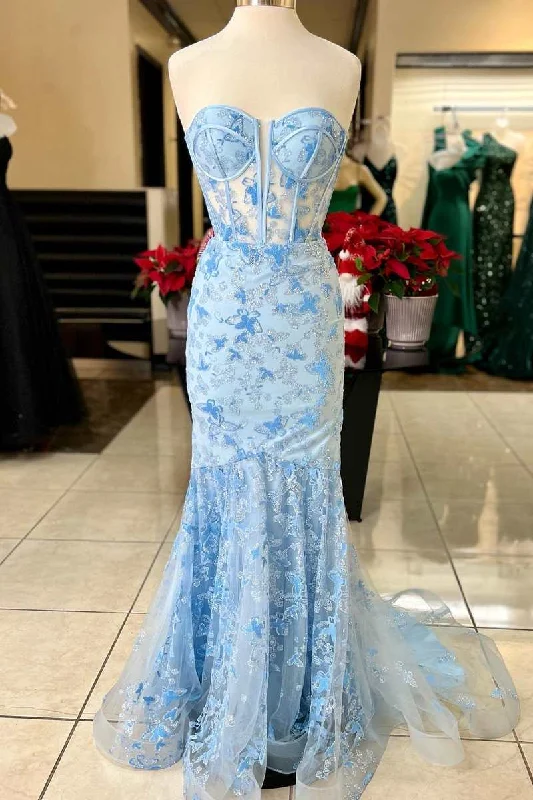 party dressLight Blue Lace Sweetheart Trumpet Long Prom Dress Y4025