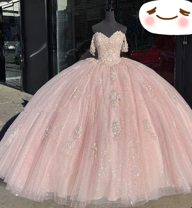 draped dressOff The Shoulder Light Pink Quinceanera Dresses Ball Gown Sweet 16 Dress Y2731