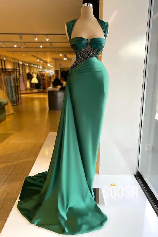 ruched dressChic & Modern Straps Green Beaded Pleats Prom Dress Evening Gown QP3128