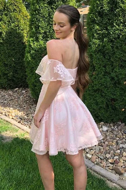 t-shirt dressOff the Shoulder Pink Lace Short Prom Dresses Homecoming Dresses