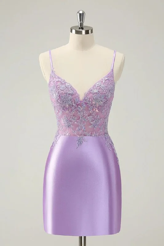 fitted cocktail dressSparkly Bodycon Lilac Spaghetti Straps Homecoming Dress with Sequins