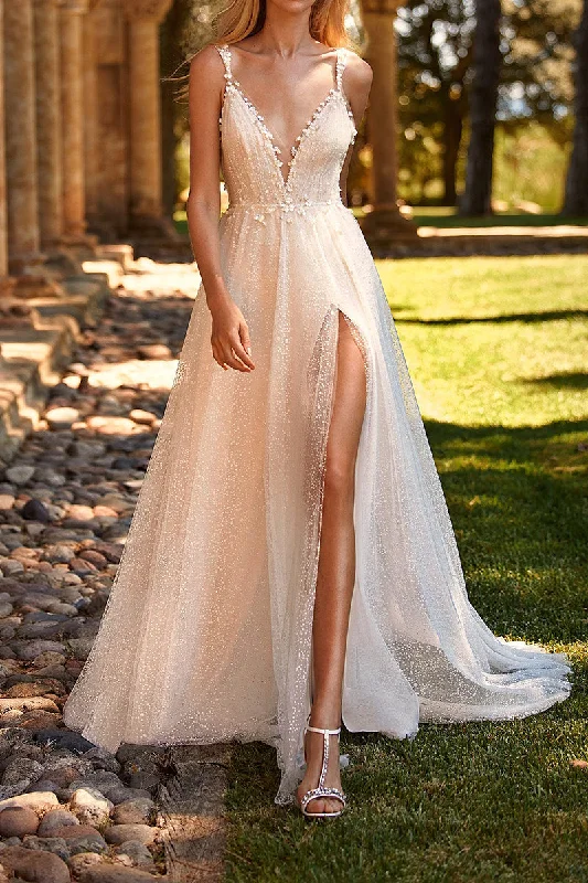 formal dressA Line Illusion V Neck Appliques Boho Wedding Dress with Slit QW2107