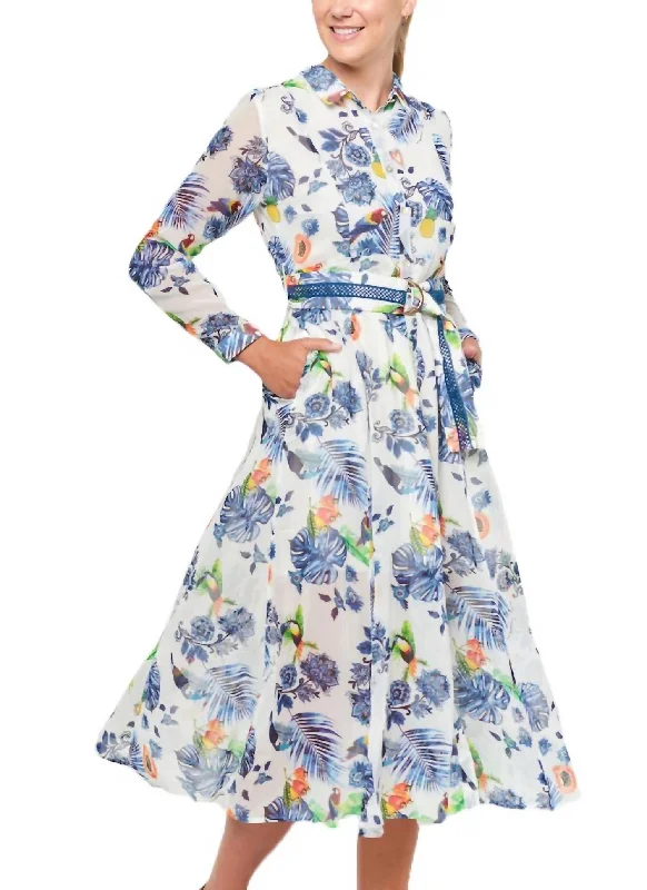 satin midi dressBlue Leaf Print Jane Midi Dress in White Multi