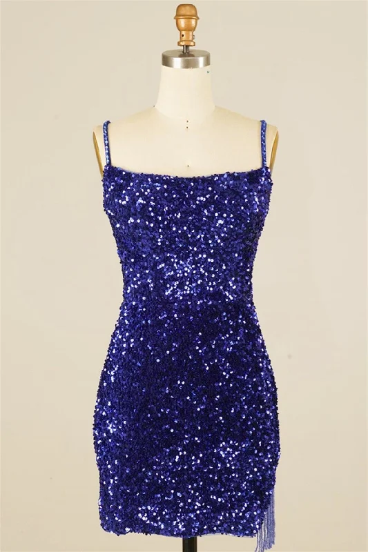 mini dressRoyal Blue Sequins Lace-Up Sheath Homecoming Dress with Tassels