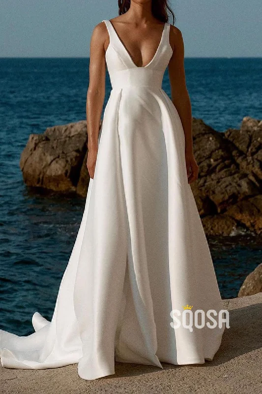 elegant shift dressSatin A-Line V-Neck Sleeveless High Slit With Train Wedding Dress QW8190